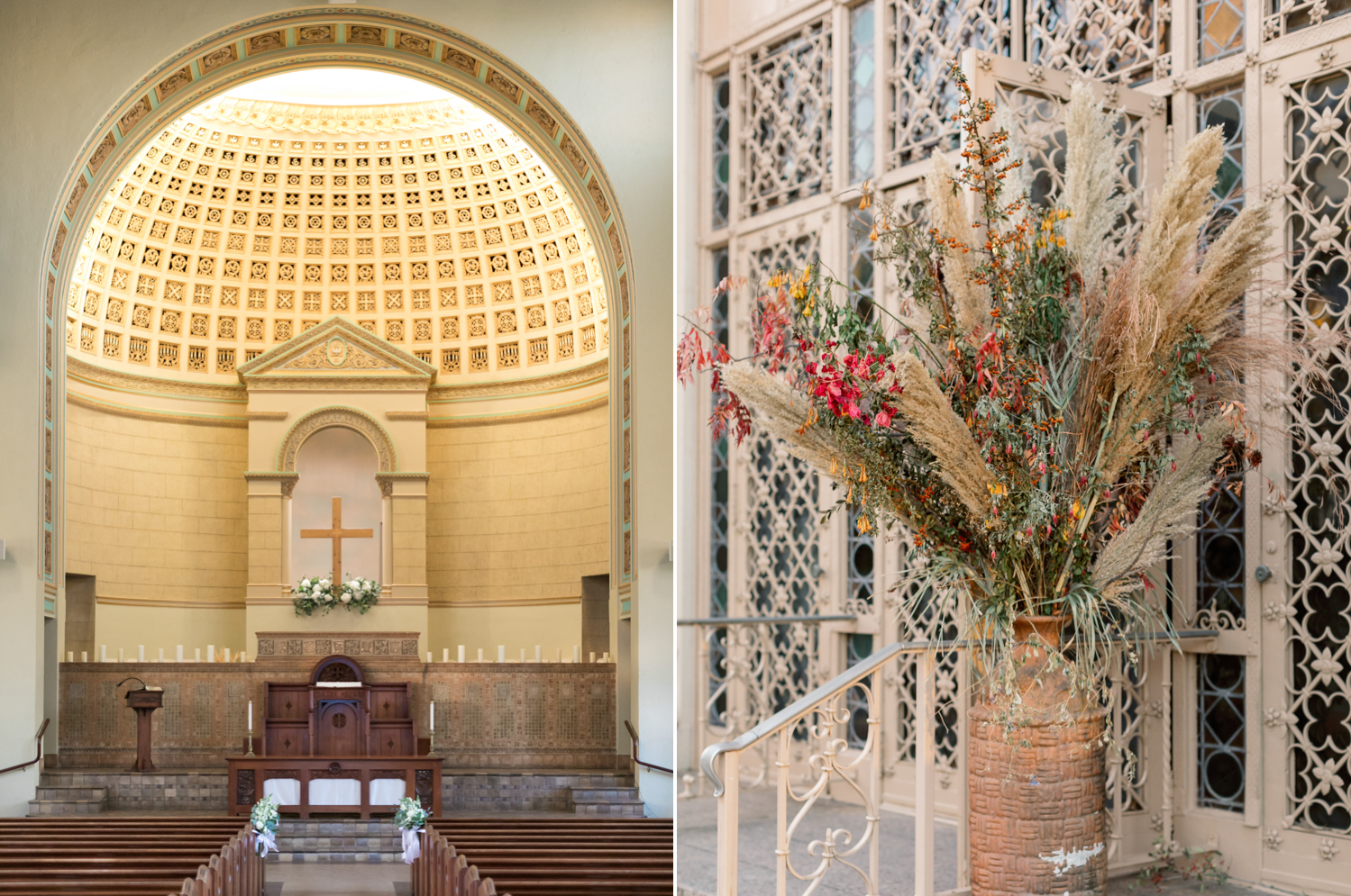 The church altar and a floral arrangement outside the front doors