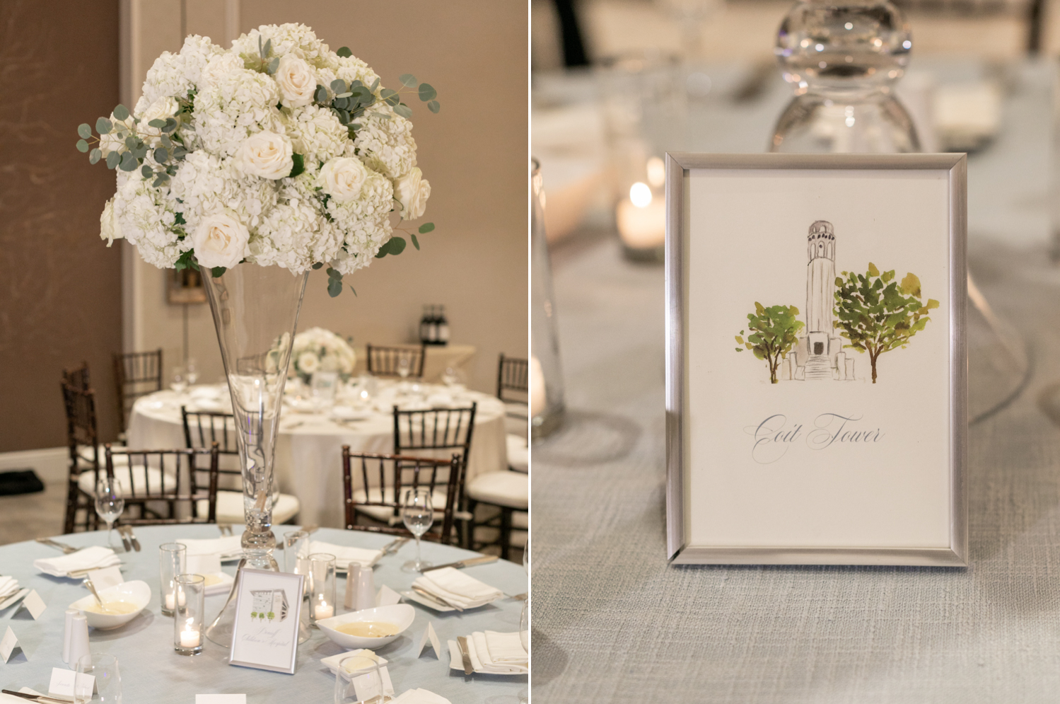 The table settings at the reception with white flowers and light. The table  numbers have watercolor paintings of places that are important to the bride and groom.