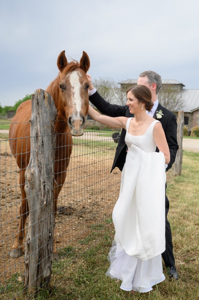 bride and groom petting a horse