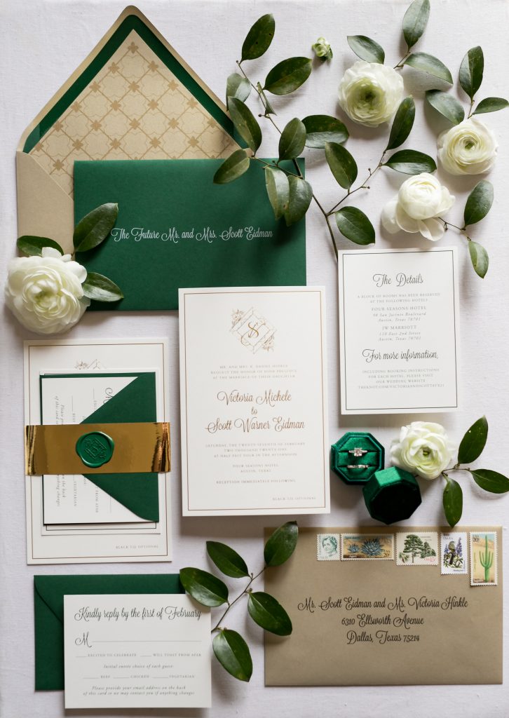green and white wedding stationary