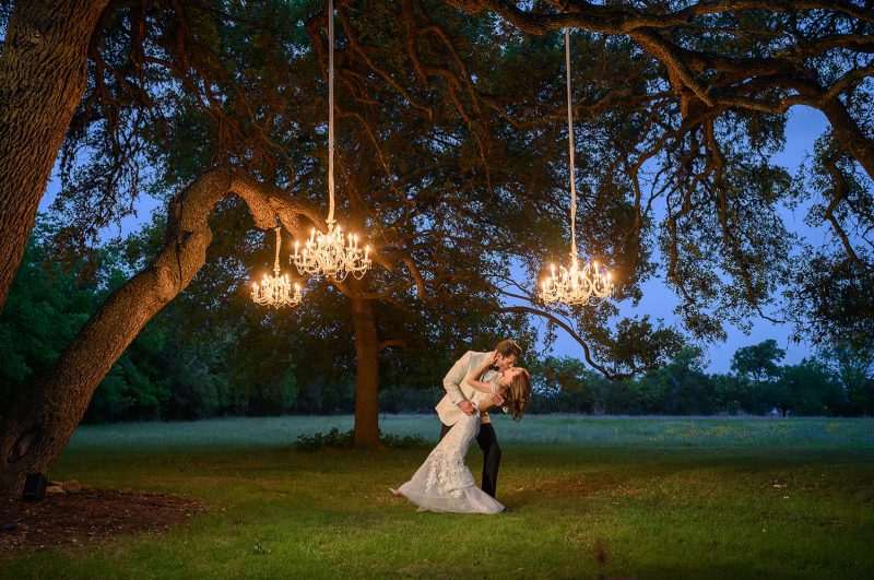 bride and groom kissing under huge tree with white chandeliers