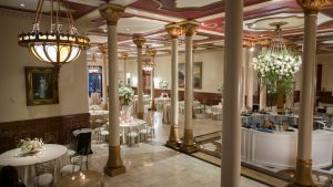 Wide view of The Driskill mezzanine with historic columns and architectural details