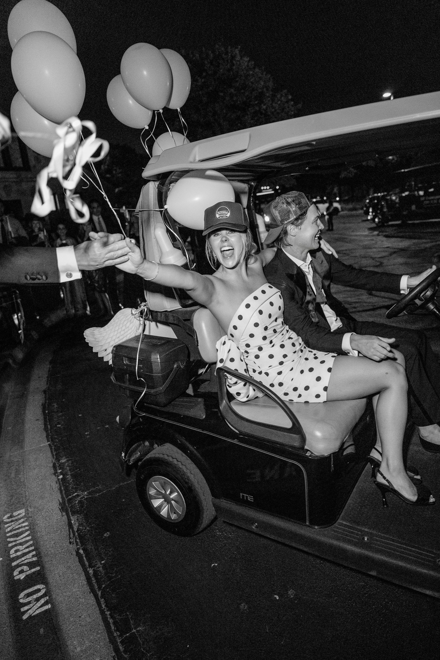 Bride exits on a golf car at her Dallas country club wedding