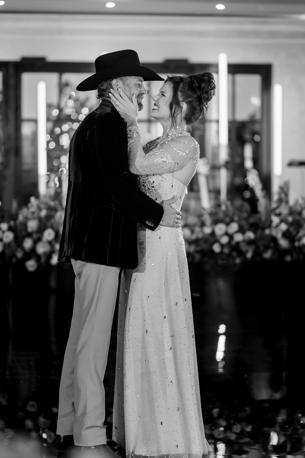 Black and white candid of their first dance