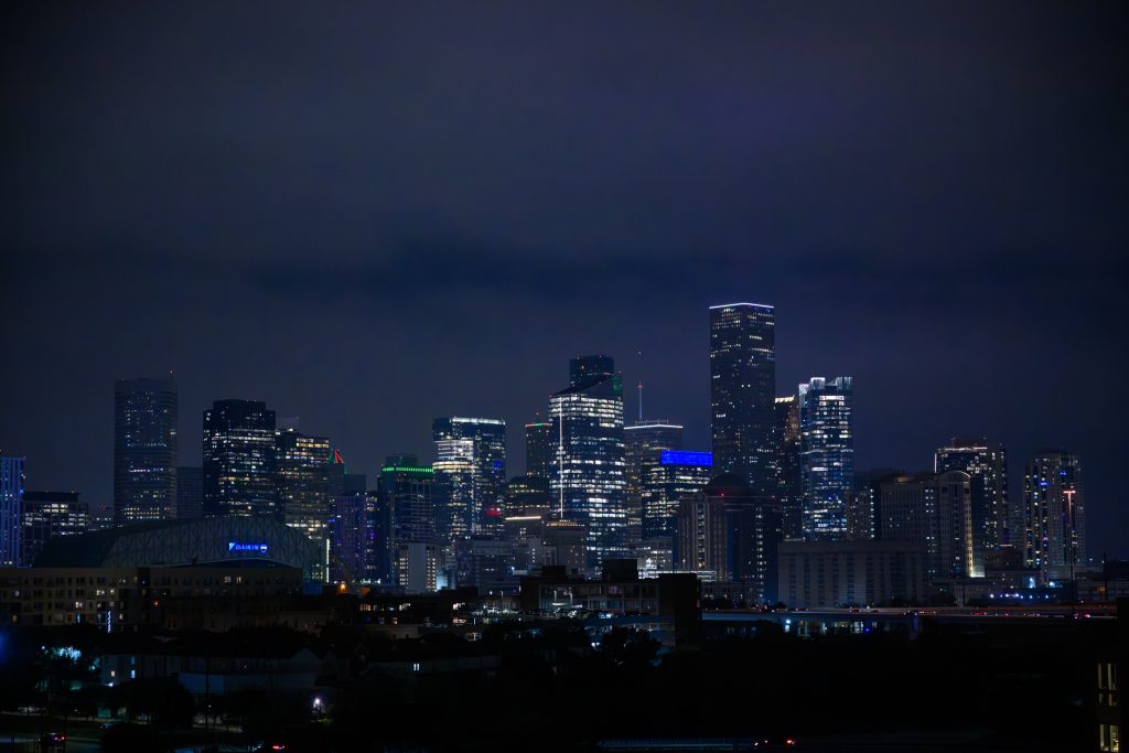 Evening view of the Houston skyline photographed from Le Tesserae.
