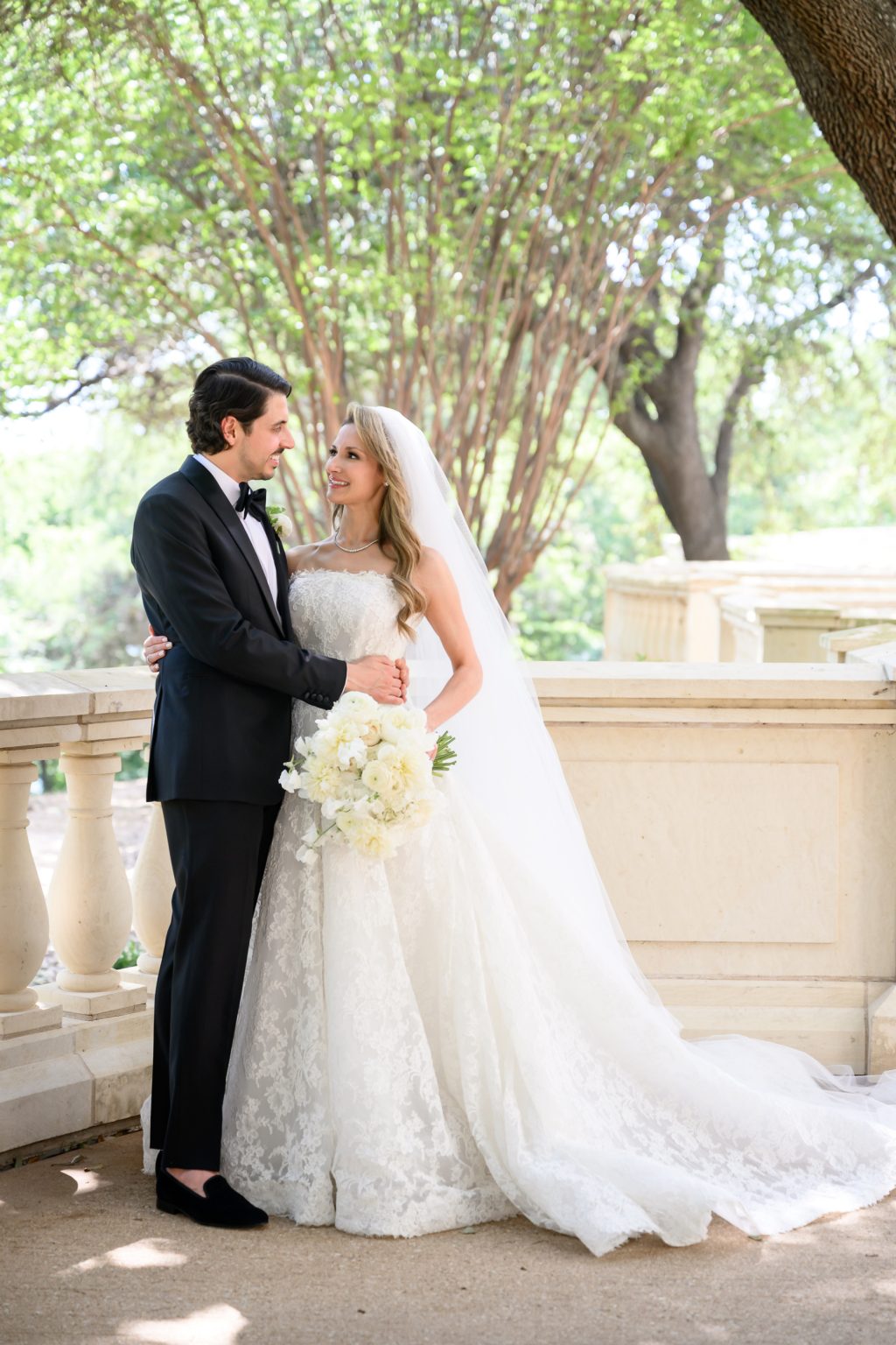 Bride and groom portrait on the terrace at Four Seasons Austin