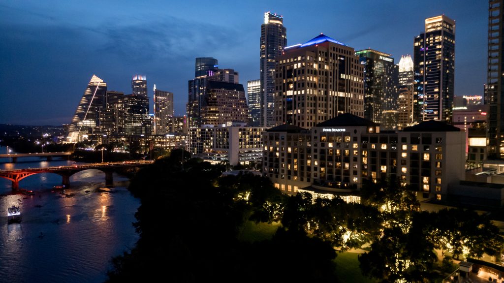 Austin skyline at dusk during a Four Seasons Austin wedding