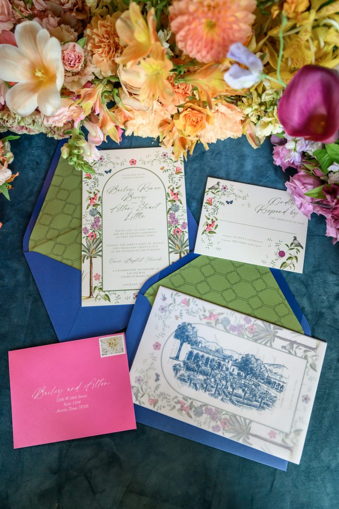 Colorful stationery with blues, greens and pinks and floral prints.