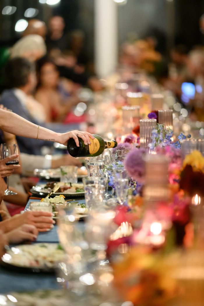Elegant dinner with floral decorations.