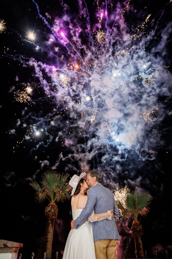 Couple with pyro fireworks at their reception