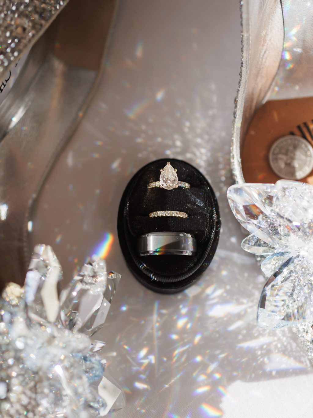 Bridal shoes, wedding rings and crystal details photographed at The St. Anthony Hotel in San Antonio