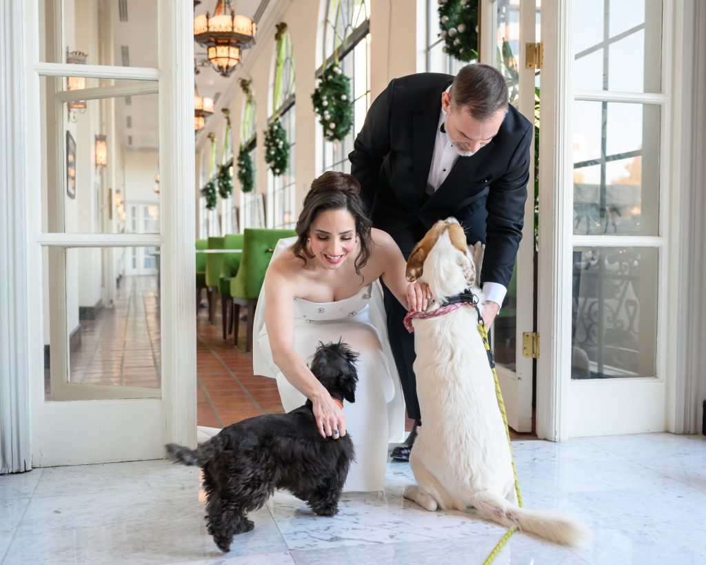 Bride and groom with their dogs during portraits at The St. Anthony Hotel in San Antonio