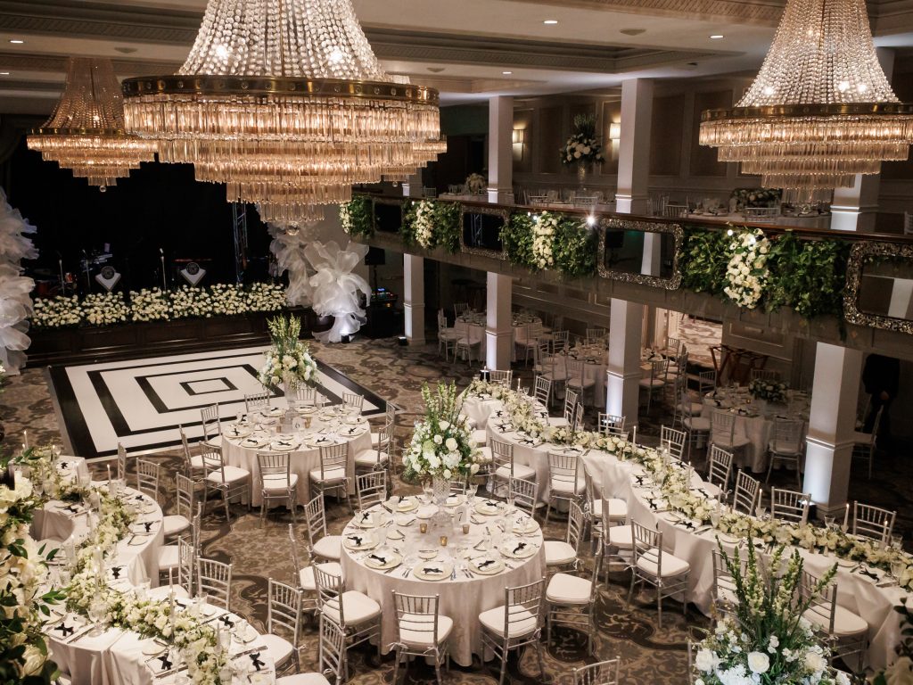 Evening view of the New Year’s Eve wedding reception inside Anacacho ballroom