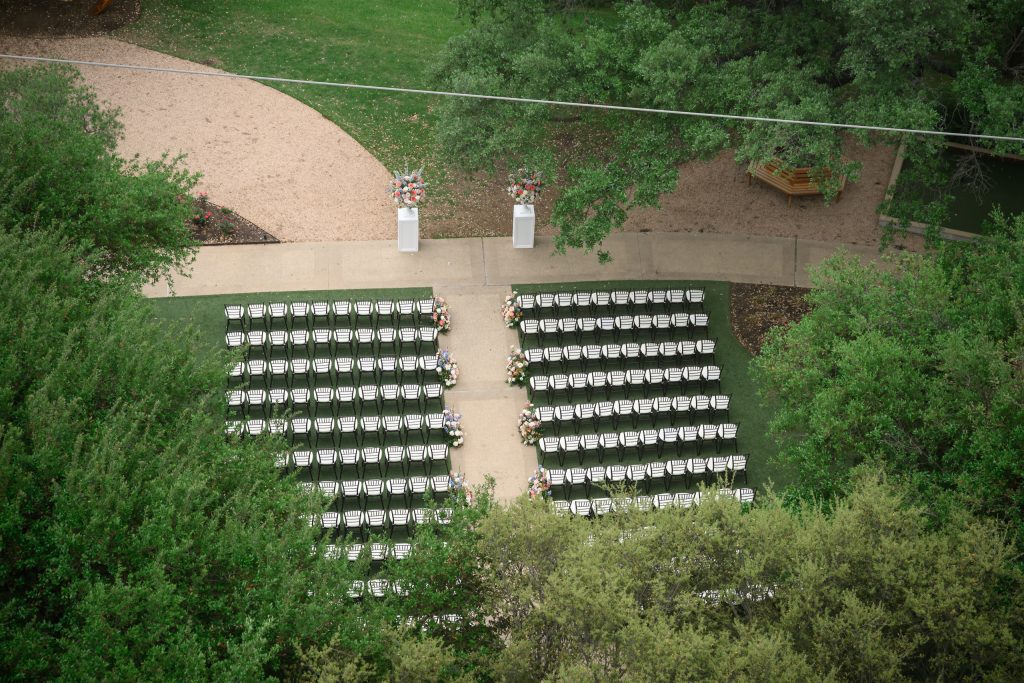Areal photo of the ceremony set up facing the lake at Four Seasons