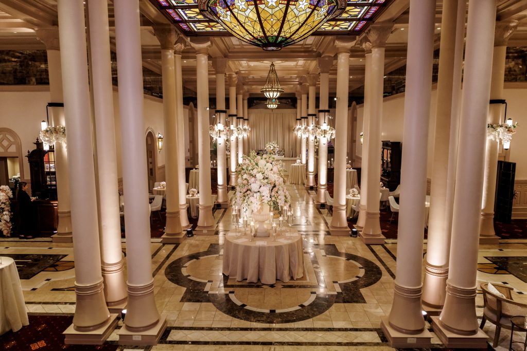 The lobby of the Driskill transformed for cocktail hour space