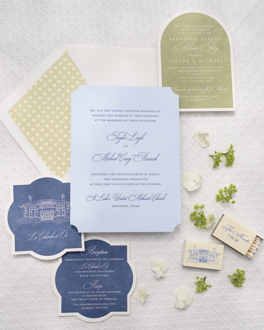 Blue, green and ivory wedding invitation suite for a La Colombe d’Or Houston wedding
