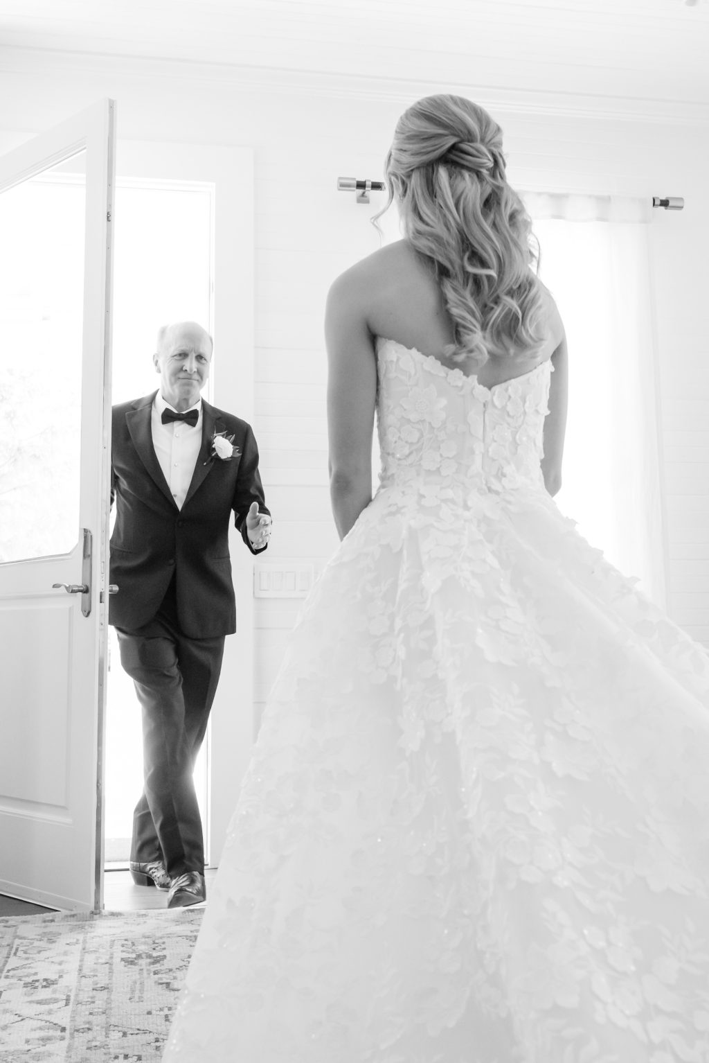 Father seeing his daughter in her wedding dress at Mattie’s at Green Pastures in Austin